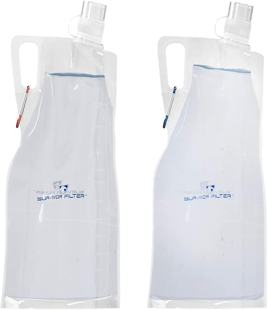 Survivor Filter Clear Collapsible Water Bottles - Travel, Hiking, Foldable, BPA-Free - 2 x