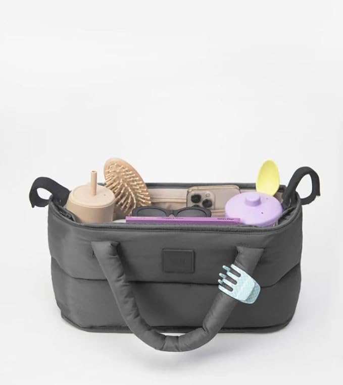 7 A.M. Universal Stroller Organizer Bag - Easy Grab Top Handles, Stroller Caddy with Cup Holder, 3 Open Compartments, Adjustable Stroller Straps & Zippered Wallet Pocket (Oat)