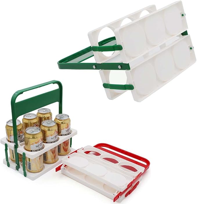 Collapsible Water Bottle Carrier,Portable 6 Holes Drink Carrier for Delivery,Reusable Plastic Beer Bottle Coffee Cup Holder with Handle for Catering Restaurant Travel Car,Green & White