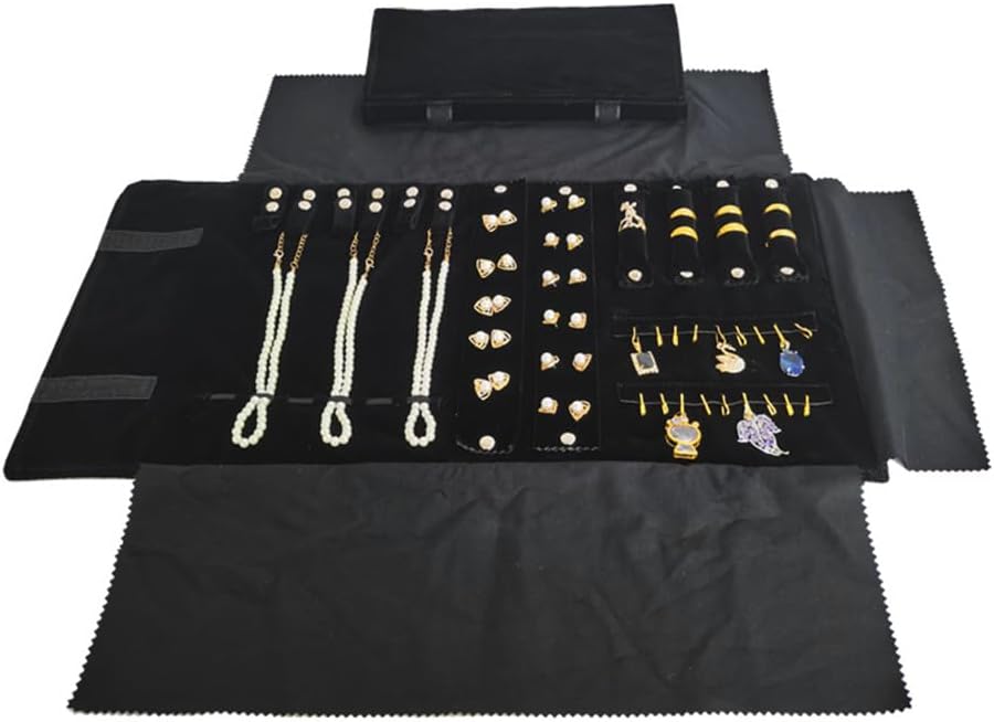 Velvet Travel Jewelry Case Roll Bag Organizer for Necklace Bracelet Earrings Ring (Black) (Black（6+2+4+2)