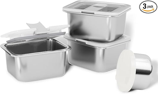 Stainless Steel Snack Box Containers for Kids, 3 Packs 12 oz Leak-Proof Microwave-safe Small Food Storage Container with Lid, Metal Compact Bento Lunch Box Container for School Travel