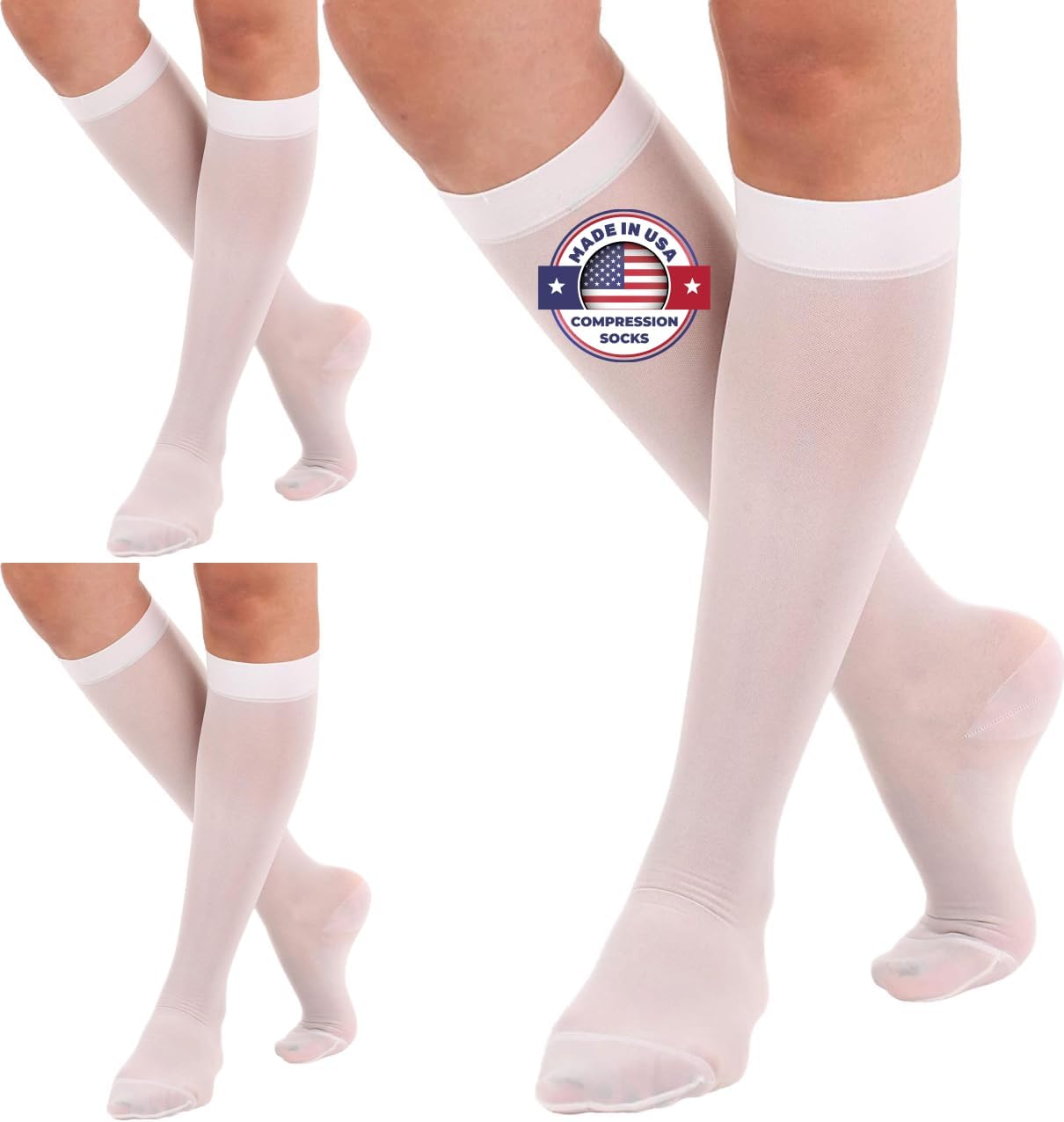 (3 Pairs - Closed Toe) Made in USA - Compression Socks for Women 15-20mmHg - Sheer Compression Knee High Stockings for Post Surgery, Pregnancy, Arthritis, Edema - White, Large - A101WH3-3