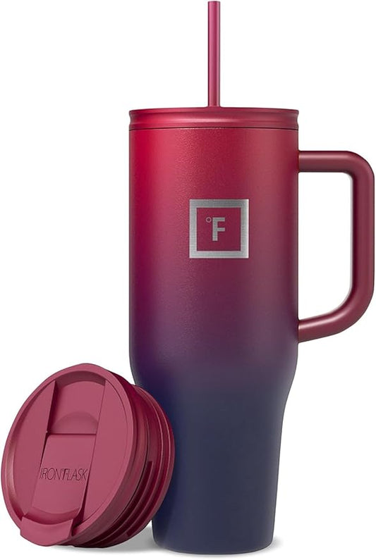 IRON °FLASK Co-Pilot Insulated Mug w/Straw & Flip Cap Lids - Cup Holder Bottle for Hot, Cold Drink - Leak-Proof - Water, Coffee Portable Travel Mug - Dark Rainbow, 40 Oz