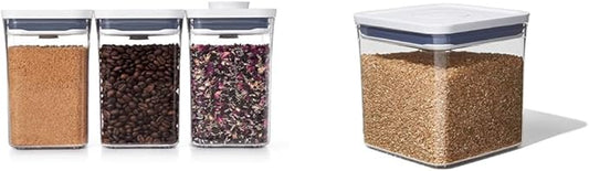 OXO Good Grips 3-PC Small Square Short POP Container Set, White,Grey and OXO Good Grips POP Container - Airtight Food Storage - 2.8 Qt for Rice, Sugar and More