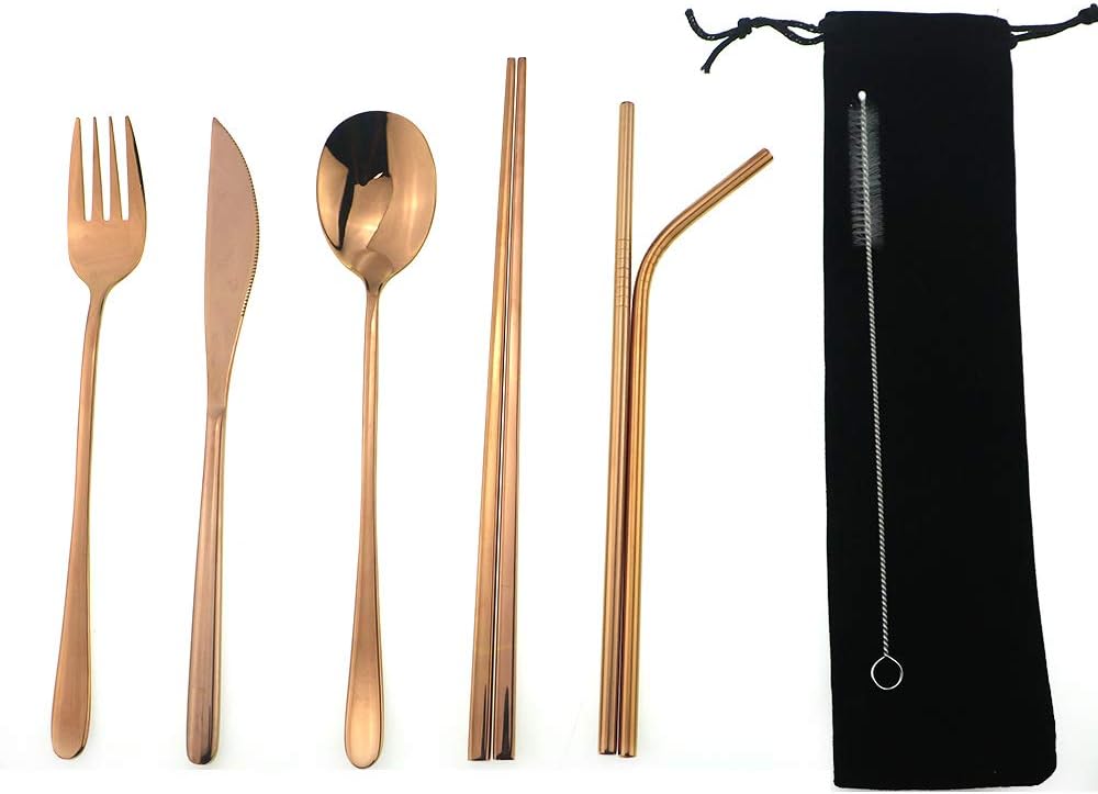 7 Pcs Portable Flatware Set, 304 Stainless Steel Cutlery Set Travel Utensils Set w/Pouch Fork Spoon Chopsticks Straws for Travel Camping Office School, Dishwasher Safe & Eco-Friendly (Rose Gold)