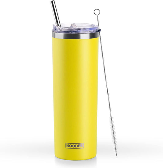 Koodee 20 oz Skinny Tumbler - Stainless Steel Double Wall Insulated Slim Water Cup With Straw and Lids (Yellow)