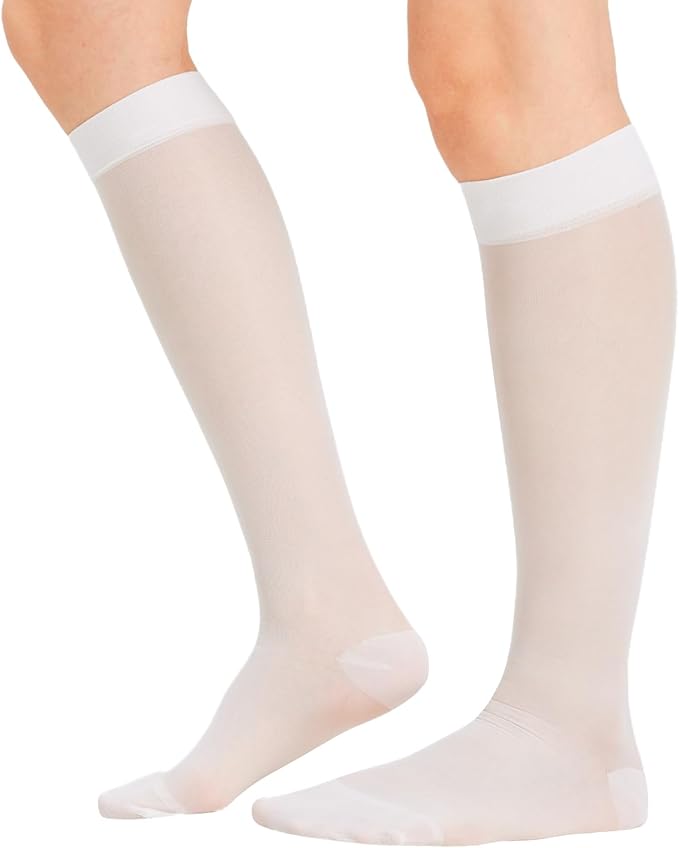 2 Pairs Sheer Compression Socks for Women - 15-20 mmHg Knee High Sheer Compression Stockings for Support Circulation Swelling Edema Work Office Travel, White, Large
