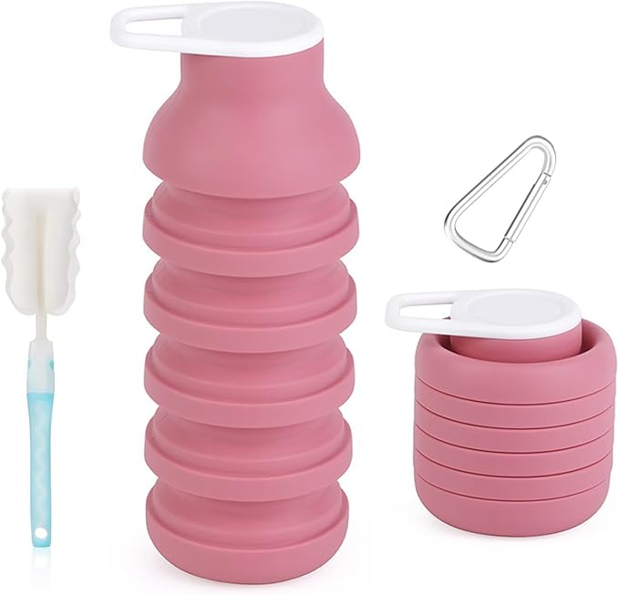 Collapsible Silicone Water Bottle - 20oz Foldable, Leakproof, BPA-Free - for Gym, Travel & Daily Use (Pink)