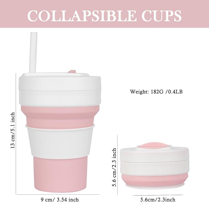 Collapsible Travel Cups- Food Grade Silicone Coffee Cups with Straw Lid 350ml 12oz Lightweight