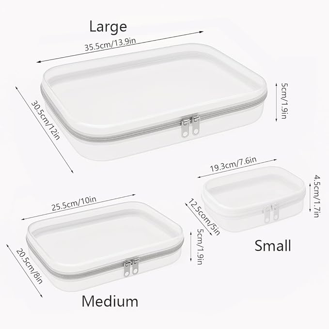 6Pcs/2L+2M+2S Clear Hard Shell Zippered Travel Case – Plastic Organizer Pouch for Toiletries, Cosmetic Bag, Diaper Bag & Packing Accessories (White, Set D)