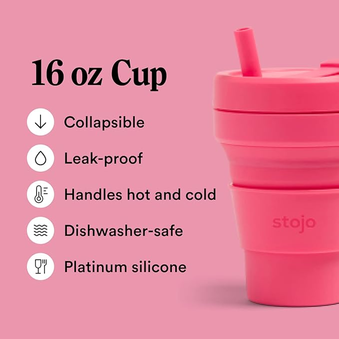Stojo Collapsible Coffee Cup | Reusable To Go Pocket Size Travel Cup - Peony, 16oz
