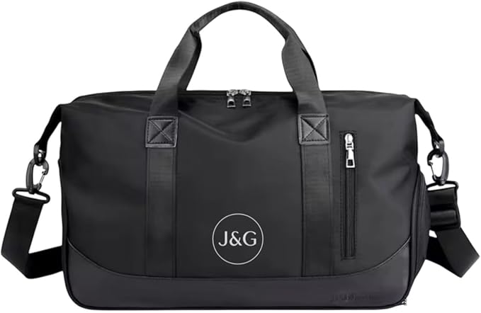 J&G Waterproof Gym Duffel Bag – Lightweight Travel & Sports Bag with Shoe Compartment and Wet Pocket for Men & Women – Carry-On Weekender for Gym, Beach, Trips – 8 Colors (Black)