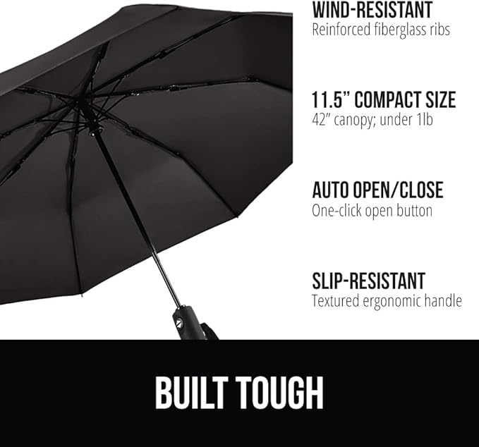 GORILLA GRIP Strong Windproof Stick Compact Umbrella for Rain, 2 PK, One-Click Automatic Open Close, Durable Quick Dry Waterproof Material, Lightweight, Portable, Travel Size Fits Backpack, Black Gray