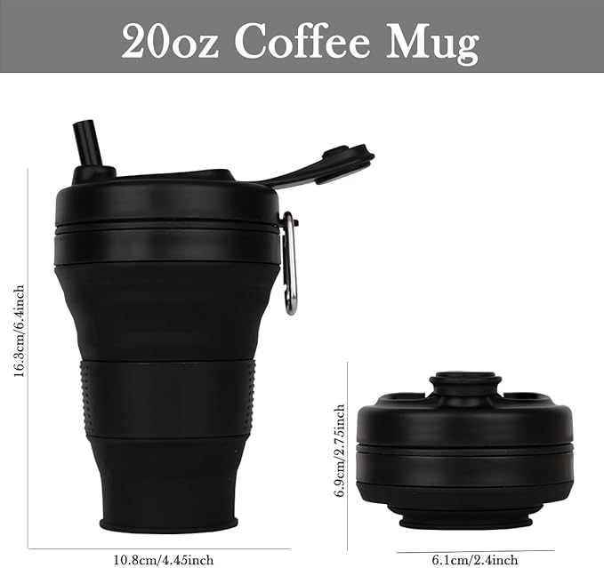 Silicone Coffee Cup with Straw lid Collapsible Cups for Traveling 20oz Lightweight Folding Water Mug for Picnic Hicking Camping Climbing (Black)