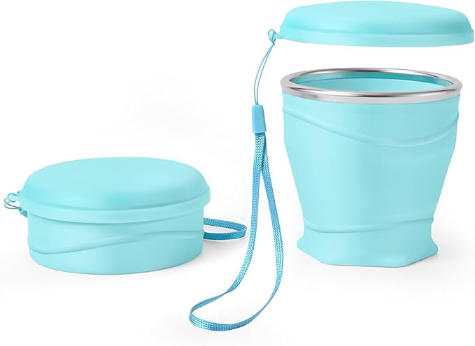8.8oz/260ml Collapsible Silicone Cup with Lid,BPA-Free,304 Stainless Steel Rim,Portable Cup for Travel,Camping, Hiking,Outdoor Sports (Light Blue)
