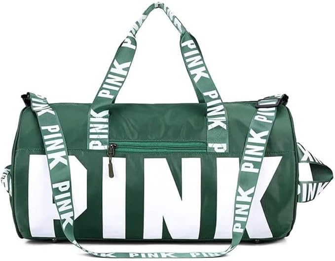 Sports Gym Bag Large Capacity Travel Duffel Bag Sport Shoes Bag with Wet Pocket Compartment for Men and Women Lightweight Multiple Colors PINK Logo (GREEN)