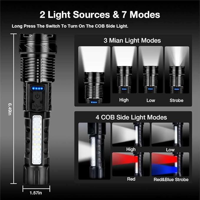 Rechargeable Flashlight 980,000L High Lumens 2 Pack, Led Tactical Flash Light, Super Bright Flashlights with 7 Modes, USB C Charging, Cob Side Light, IPX6 Waterproof for Camping Emergency