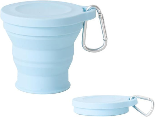 Reusable Foldable Silicone Water Cup, Portable Picnic Snacks Cup, Pocket Size Travel Cup Extensible, Collapsible Cups with Lid for Camping, Travel (Blue with Hook)