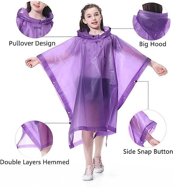 Rain Poncho for Kids (2 Pack), Reusable EVA Children Raincoat Ponchos Rain Jacket with Hood for 6-14 Girls Boys
