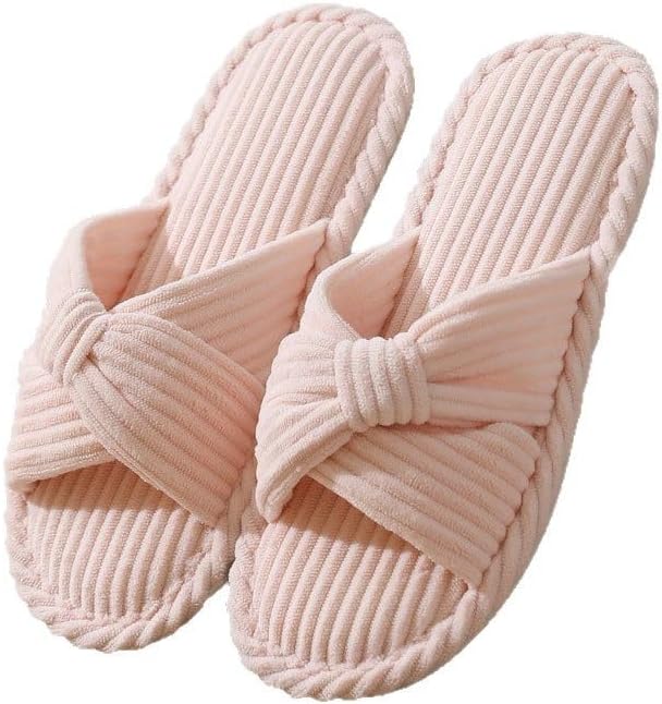 House Slippers for Women Corduroy Cross Bow Indoor Slippers Open Toe Slip On Bedroom Shoes with Memory Foam