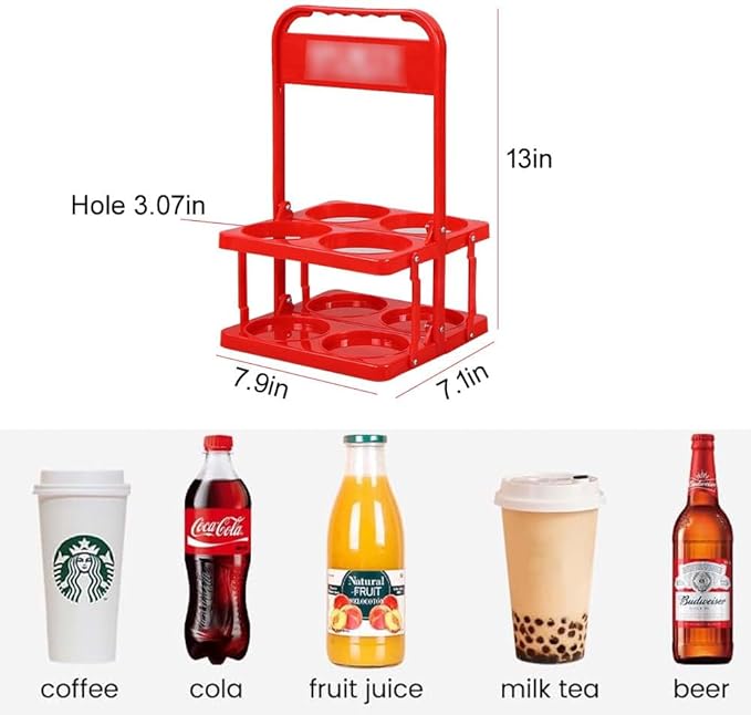 Portable Plastic Drink Carrier,Reusable Red Beer Bottle Coffee Cup Holder,Tea Bottle Drink Caddy for Delivery,4 Holes Cup Holders with Handle for Catering Restaurant Travel Car