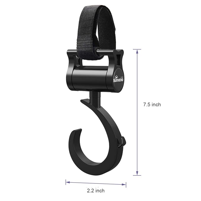 SUNVENO Stroller Hooks 2 Pack, 360° Rotating Universal Stroller Clips with Adjustable Straps, Heavy Duty Bag Holders for Diaper Bags, Purses, Groceries and Travel Use