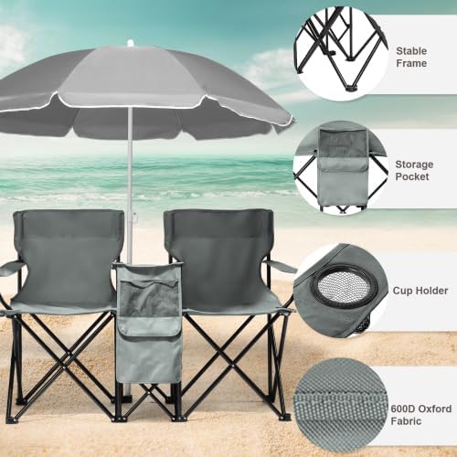 Camping Chairs, Folding Double Chair with Removable Umbrella, Cup Holders, Cooler Bag, Side Pocket & Carry Bag, for Beach, Outdoor, Sports, Concerts, Travel, Picnic