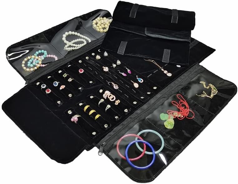 Velvet Travel Jewelry Case Roll Bag Organizer for Necklace Bracelet Earrings Ring (Black)