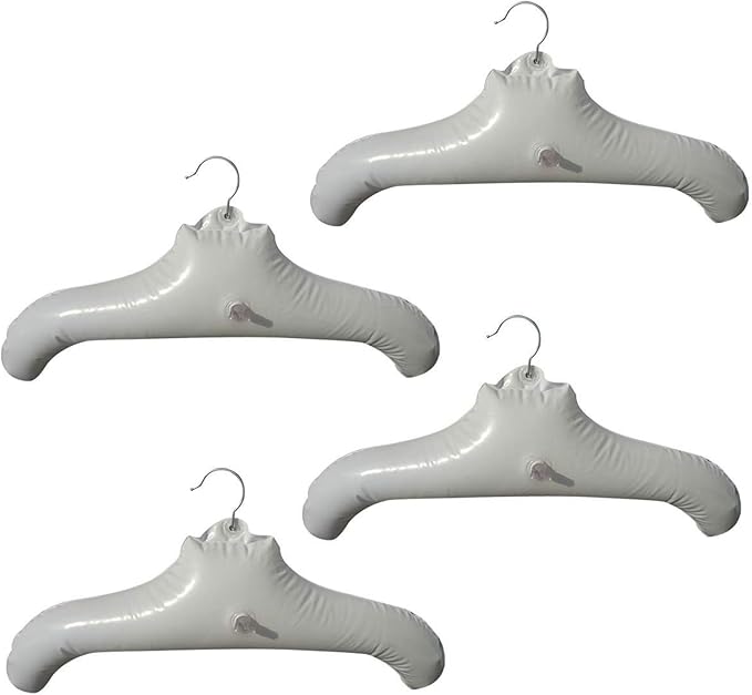NewFerU Inflatable Hangers for Travel X 4 in White Round Shoulder for Hand Wash Laundry, Air Blow up Clothes Drying Hangars with Metal Hook, Compact, Space Saving, Foldable, Portable, Non Slip
