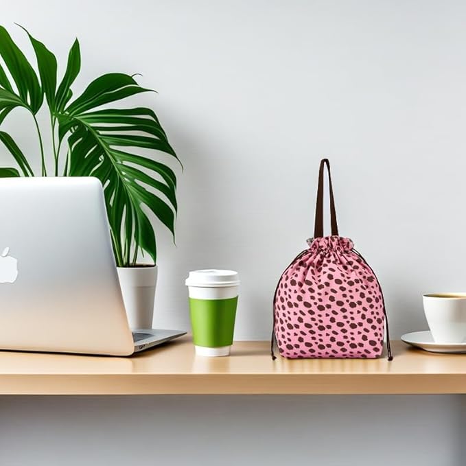 Reusable Small Lunch Bag,Drawstring Lunch Bag,Insulated Handbag Tote bag with Handle (Pink Leopard Print)