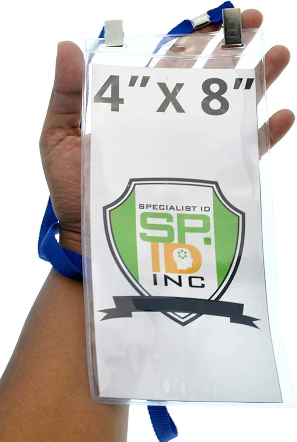 Bulk 25 Pack - 4 x 8 Inch Extra Large Ticket & Event Credential Badge Holders with Double Sided Lanyards with Two Bulldog Clips, by Specialist ID (Royal Blue)
