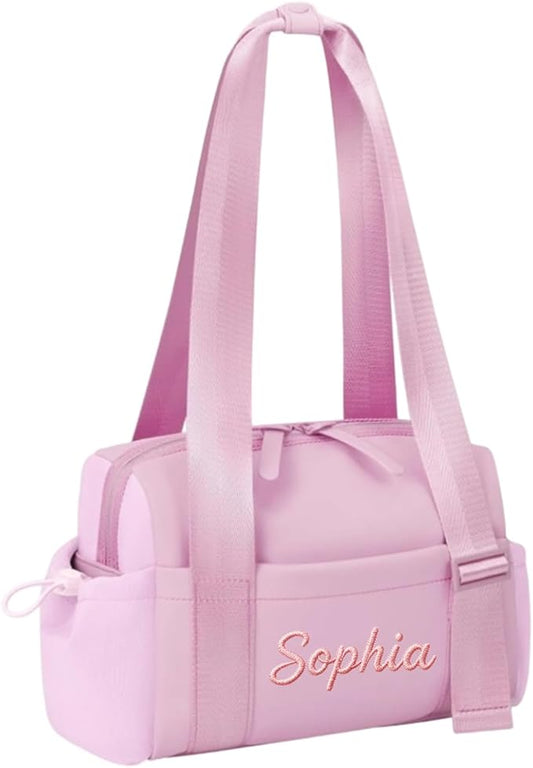 Personalized Mini Gym Bag for Women, Custom Embroidered Name Yoga Tote, Waterproof PU Fitness Duffle with Wet Compartment (pink duffle bag)
