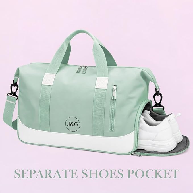 J&G Waterproof Gym Duffel Bag – Lightweight Travel & Sports Bag with Shoe Compartment and Wet Pocket for Men & Women – Carry-On Weekender for Gym, Beach, Trips – 8 Colors (Green)