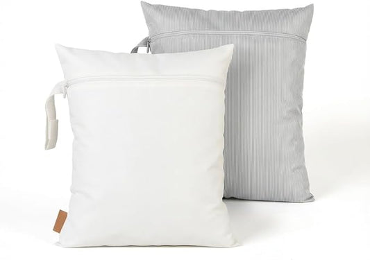 Hamur Wet Bag Set – 2 Pack Reusable Waterproof & Mess-Proof Bags (2 Large 12.6×14.6 in) | Washable at 40 °C, Lightweight Storage for Baby, Travel & Gym Essentials(White-Gray)
