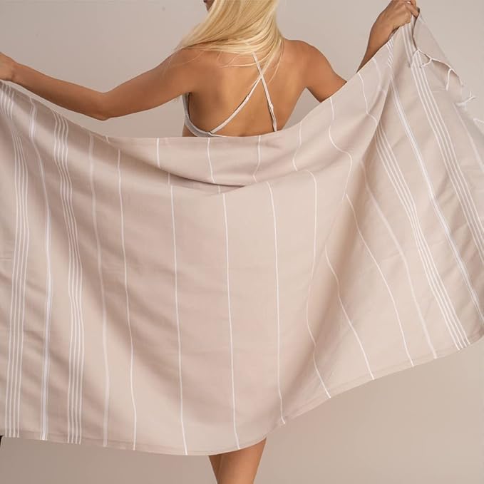 Hencely Turkish Beach Towel 37x68 Oversized, Sand-Free, Quick-Dry, Lightweight - Travel Essential for Pool & Bath - Striped 100% Cotton Bathroom Towels Accessories Gift (Beige)