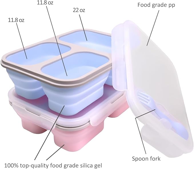 2 Pack Big Collapsible Silicone Bento Lunch Boxes With Lids spoons forks,3 Compartments, Divided Lunch Food Storage Containers, Safe in Microwave, Dishwasher and Freezer, 45.6oz, (Pink+Blue)