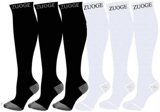 zuoge 6 Pairs Compression Socks Pack - Best Medical, Nursing, Travel & Flight Socks - Running & Fitness - 15-20mmHg
