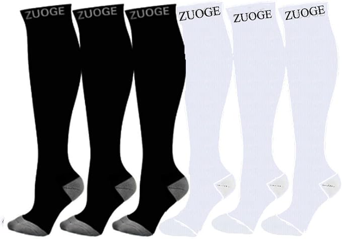 zuoge 6 Pairs Compression Socks Pack - Best Medical, Nursing, Travel & Flight Socks - Running & Fitness - 15-20mmHg