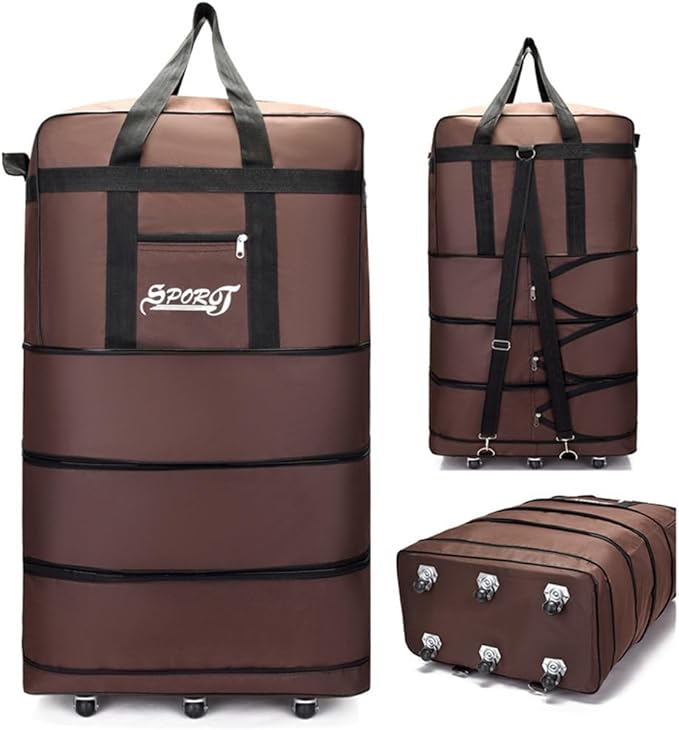 Expandable Extra Large Travel Oxford Duffel Bag with Wheels Waterproof Lightweight Traveling Foldable Suitcase (Brown, L - 6 wheels)
