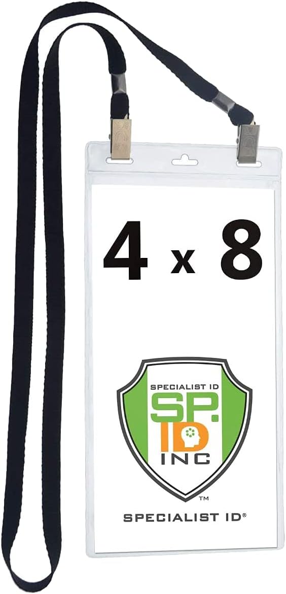 Bulk 25 Pack - 4 x 8 Inch Extra Large Ticket & Event Credential Badge Holders with Double Sided Lanyards with Two Bulldog Clips, by Specialist ID (Assorted Colors)