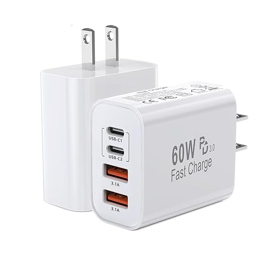 60W USB C Charger Block,2Pack 4-Port GaN USB C Charger Fast Charging Wall Plug Dual Type C+Dual USB-A Port Multiport Power Adapter Cube for iPhone 17 Pro Max/16e/15/14/13/12/11,iPad Pro/Air/Mini