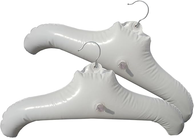 Coralpearl Inflatable Hangers for Travel X 2 in White Round Shoulder, Air Blow up Clothes Drying Hangars with Metal Hook, Compact, Space Saving, Foldable, Portable, Non Slip for Hand Wash Laundry