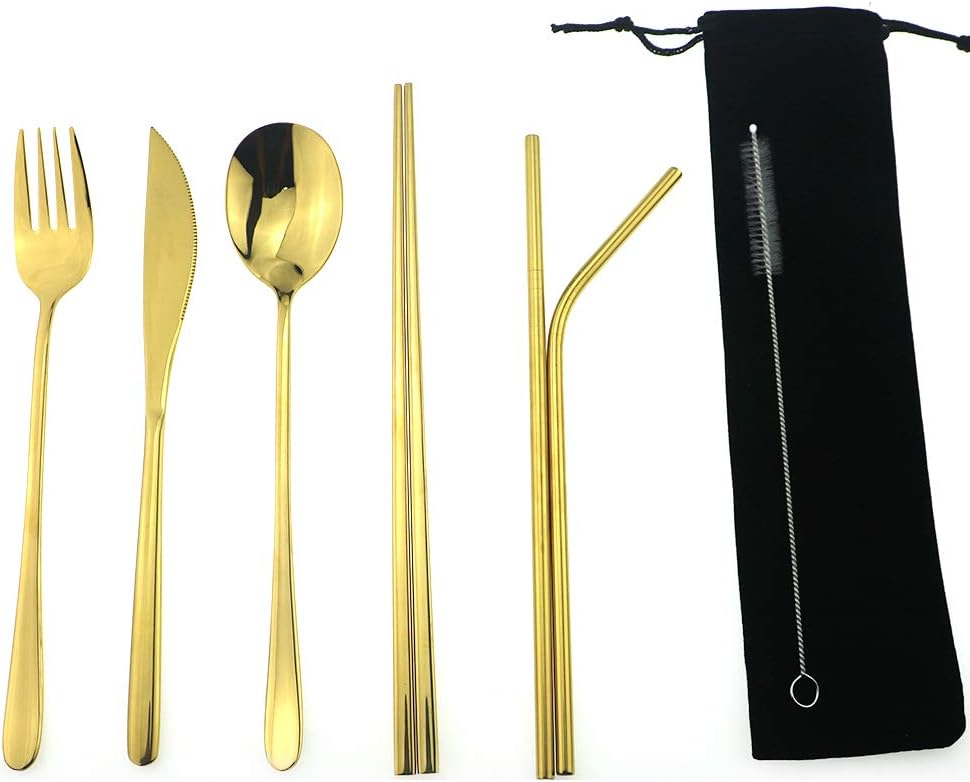 7 Pcs Portable Flatware Set, 304 Stainless Steel Cutlery Set Travel Utensils Set w/Pouch Fork Spoon Chopsticks Straws for Travel Camping Office School, Dishwasher Safe & Eco-Friendly (Gold)