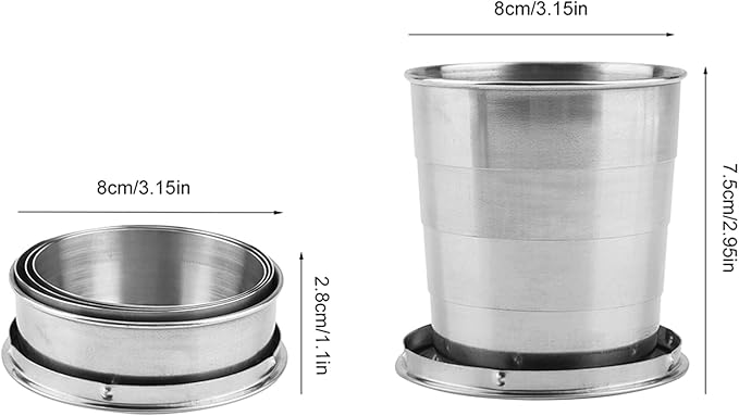 Stainless Steel Collapsible Cup, Folding Camping Cup Portable Shot Glass Foldable Drinking Cup Drinkware with Lid and Keychain for Outdoor Travel Picnic Fishing Hiking Cycling Water, 250ml