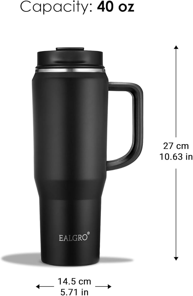 40 oz Tumbler with Handle, Insulated Tumblers with Lid and Straw, Large Metal Sports Water Bottle Jug, Thermal Stainless Steel Travel Coffee Mug Cup, Black