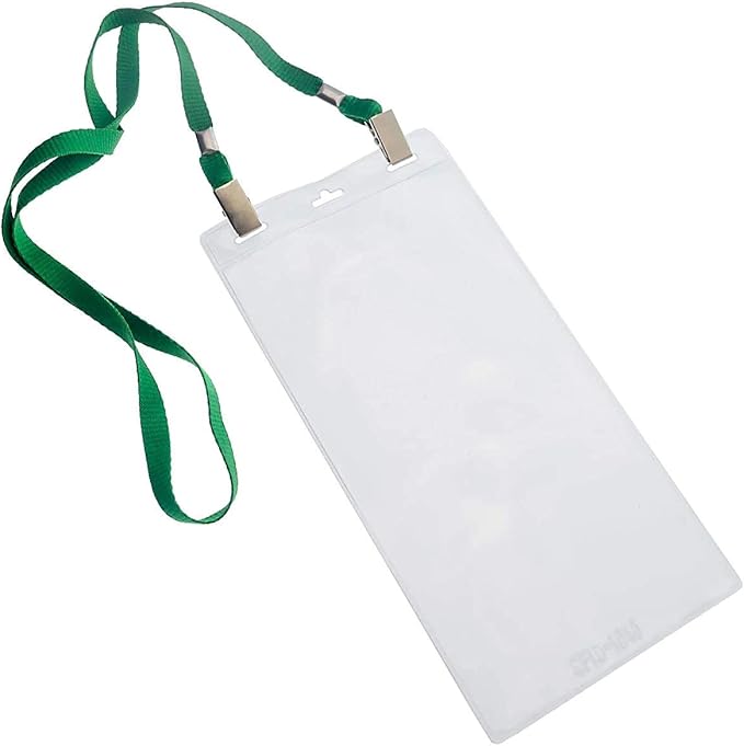 Bulk 25 Pack - 4 x 8 Inch Extra Large Ticket & Event Credential Badge Holders with Double Sided Lanyards with Two Bulldog Clips, by Specialist ID (Green)