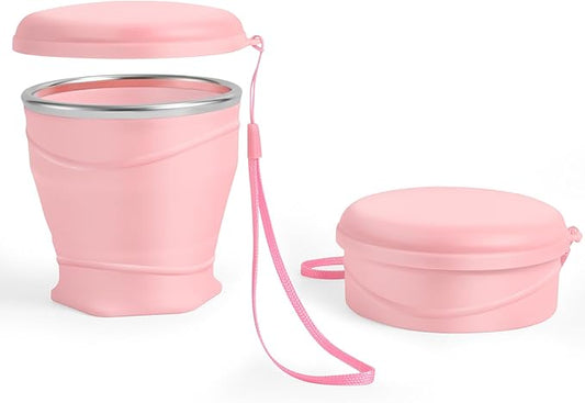 Silicone Collapsible Travel Cup with Dustproof Lid, 8.8 Oz/260ml, BPA-Free, Portable, Reusable for Camping, Picnic, Travel, Office (Pink)
