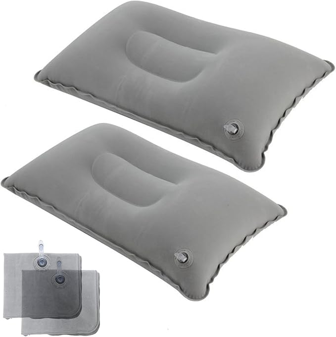 2Pack Ultralight A4 Size Inflatable Travel Pillow, Small Squared Flocked Fabric Air Pillow for Traveling, Holiday Trip, Hiking, Camping,Napping,Neck Lumbar Support(Gray)
