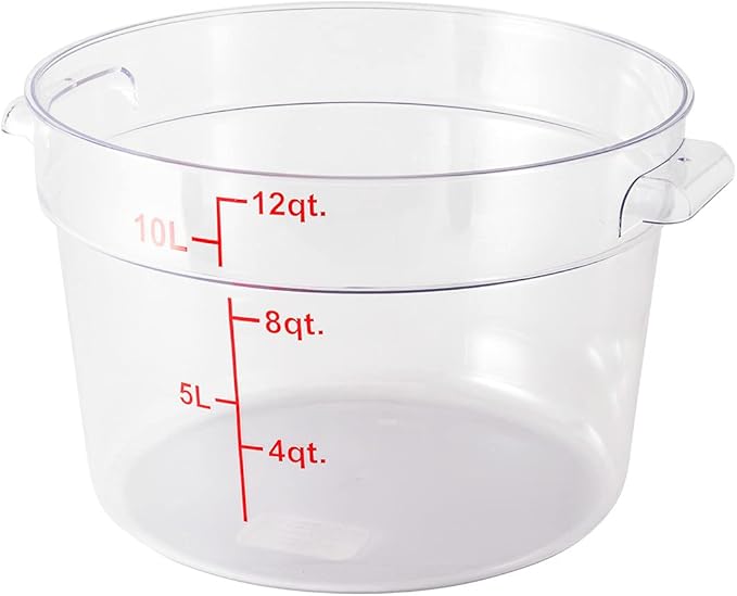 Restaurantware Met Lux 12 Quart Food Storage Container, 1 Round Commercial Storage Container - Lid Sold Separately, With Volume Markers, Clear Plastic Food Prep Bucket, Space-Saving Storage