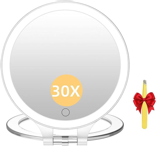 FASCINATE Magnifying Mirror 30X 1X Double Sided Magnification Makeup Vanity Mirror 2000mAh Rechargeable Lighted Mirror with 3 Color Setting Adjustable Rotation LED Vanity Desk Mirror